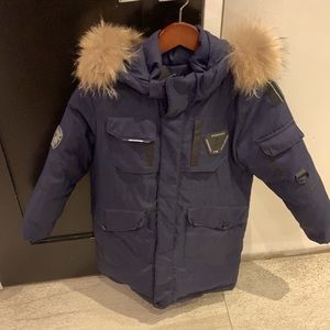Boys down coat with real fur on the hood. Fits size 8-10